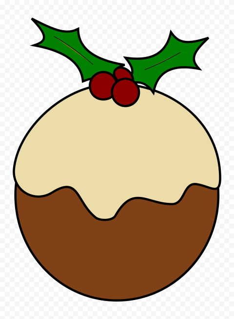 Classic Christmas pudding with cream topping, holly leaves, and red berries.