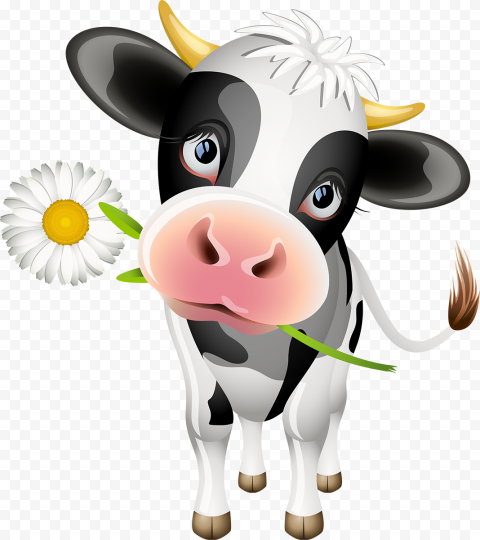 Cute cartoon cow with black-and-white patches holding a daisy in its mouth, smiling warmly.