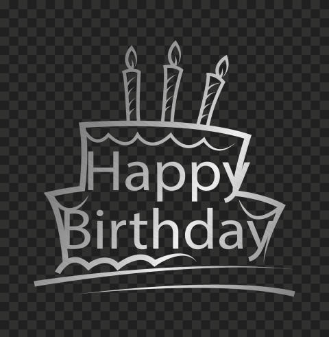 Silver monochrome birthday cake illustration with three lit candles and "Happy Birthday" text on transparent background.
