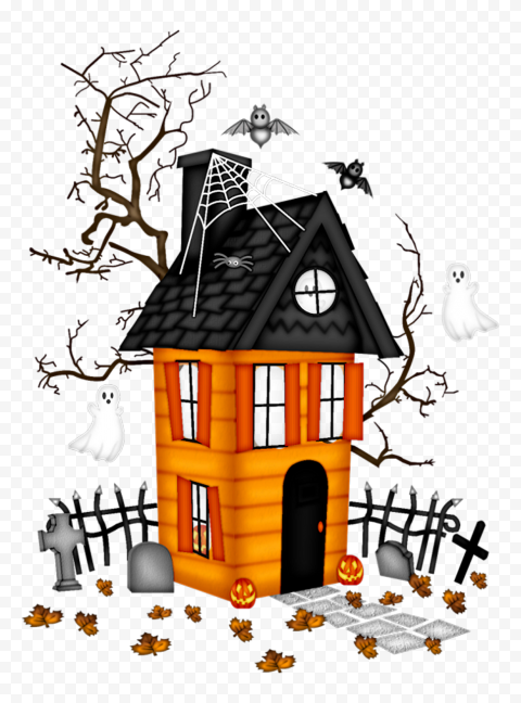 Spooky orange haunted house with black roof, bats, ghosts, tombstones, and jack-o'-lanterns in a Halloween scene.