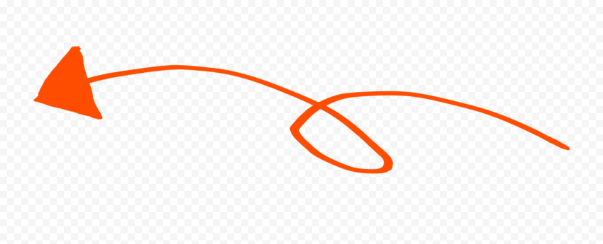 Hand-drawn orange arrow with a loop, pointing left on transparent background.