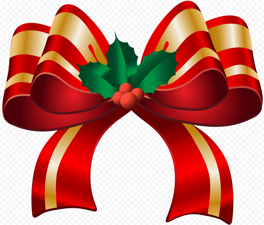Festive red and gold striped bow with holly leaves and berries, classic Christmas decoration.