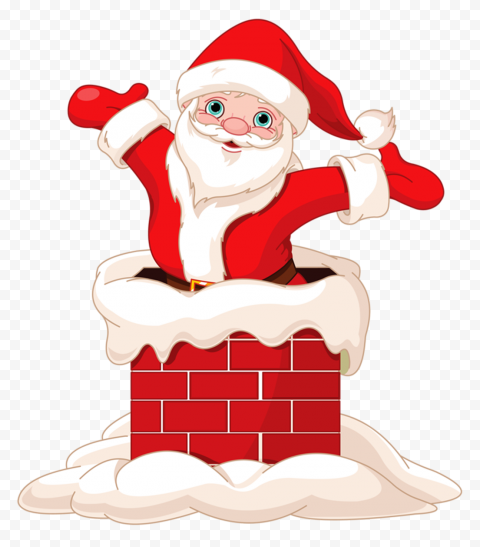 Cheerful Santa Claus emerging from a snowy brick chimney with arms raised in joy.