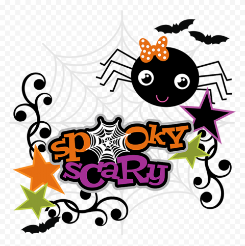 Cute cartoon spider with orange bow, "Spooky Scary" text, stars, bats, and web decor for Halloween.