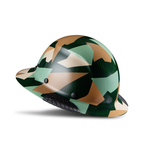 Camouflage-patterned hard hat with green, tan, and black geometric design, featuring a brim and ventilation holes.