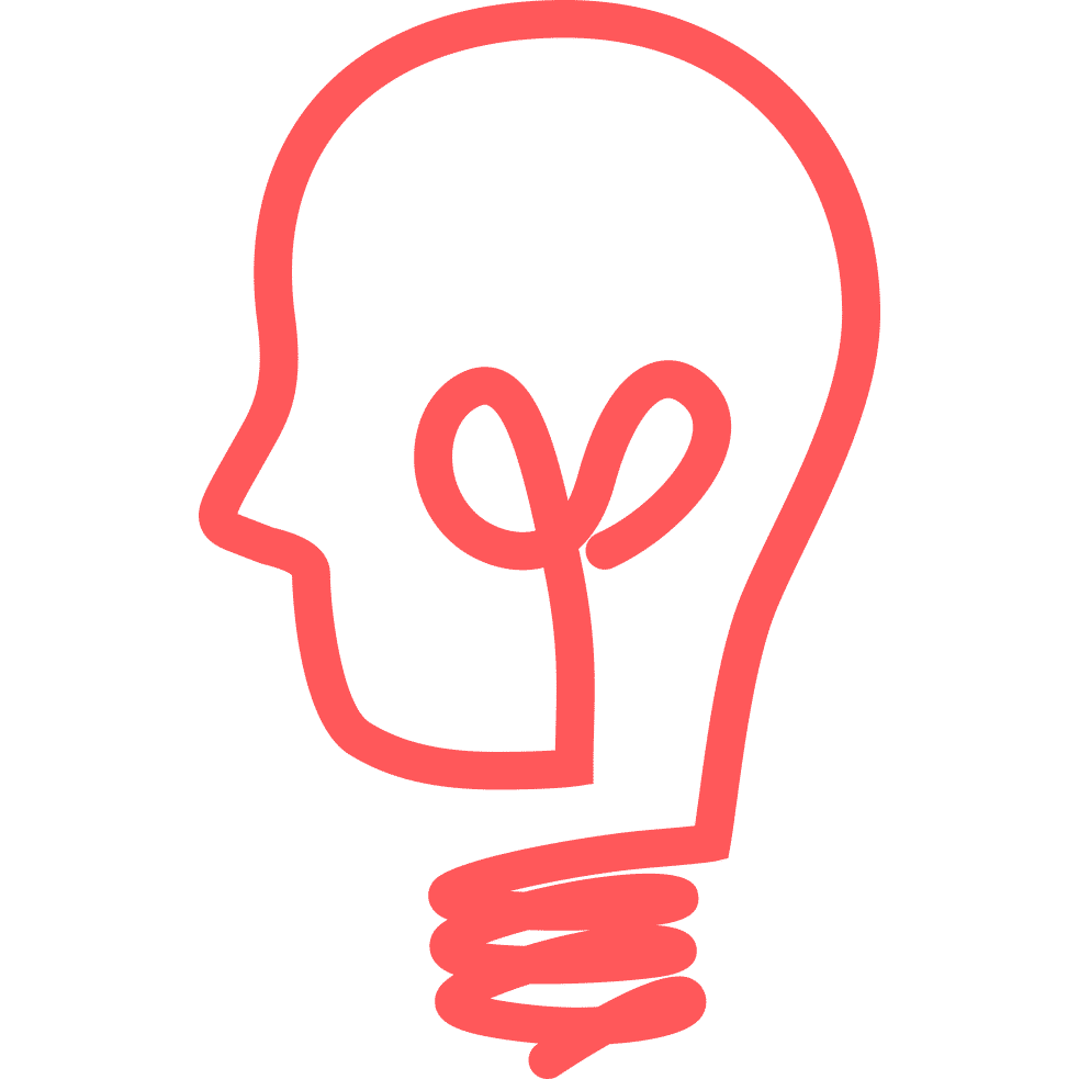 Red outline of a human head shaped like a lightbulb with a sprouting plant inside, symbolizing creative growth and innovation.