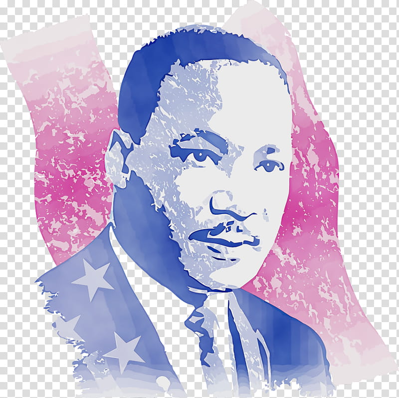 Stylized watercolor portrait of Martin Luther King Jr. with patriotic pink, white, and blue tones and stars on his suit.