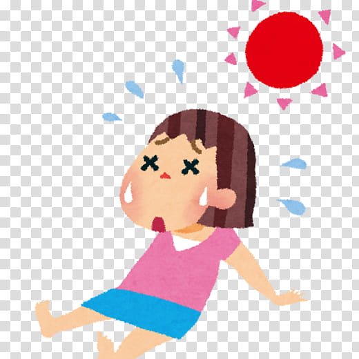 A cartoon girl sweating heavily under a hot sun, showing signs of heat exhaustion or heatstroke.