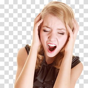 Distressed young woman clutching her head in frustration or pain, eyes shut and mouth open in a scream.