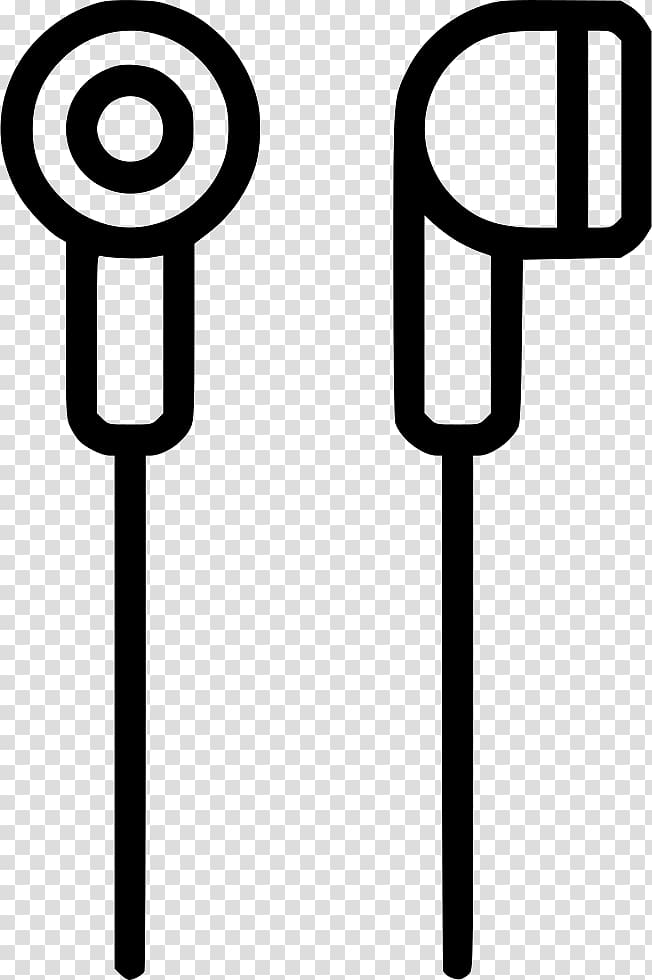 Black line-art illustration of two earbuds - one circular, one angular - on transparent background.
