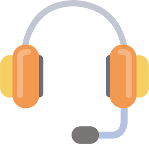 Orange and gray over-ear headset with microphone, flat vector illustration on green background.