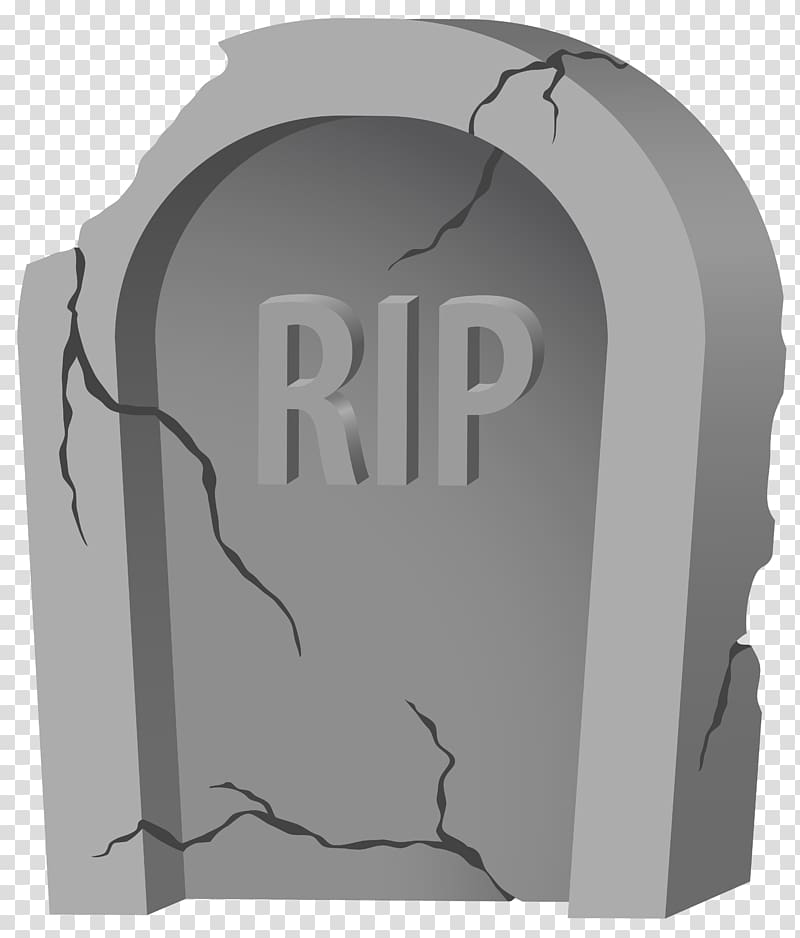 Cracked gray tombstone with "RIP" engraved, arched top, weathered stone texture.