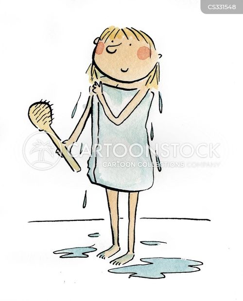 A cartoon girl with wet hair wrapped in a towel, holding a brush, with water puddles at her feet.