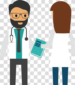 Male doctor with beard and glasses consults with a female patient holding a medical file.