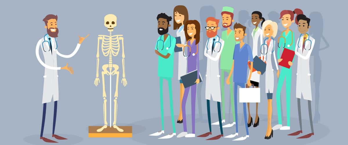 A diverse group of medical professionals gathered around a skeleton model during a teaching session led by a smiling doctor.