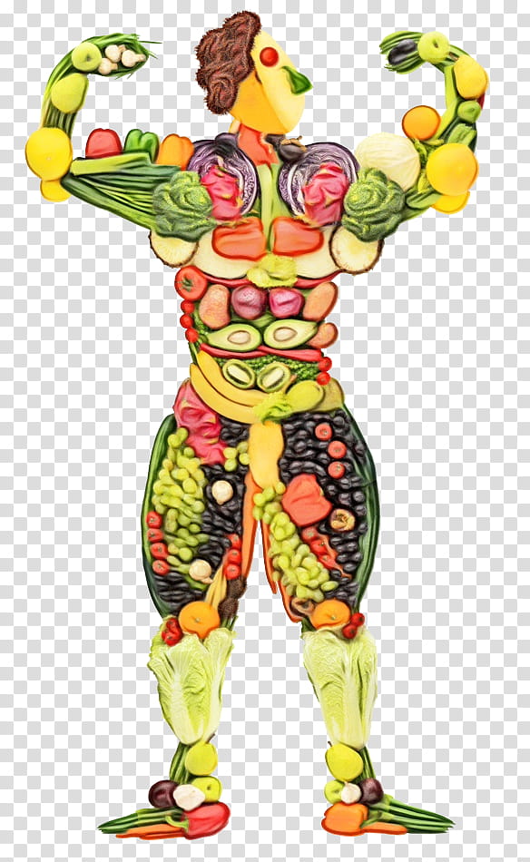 A muscular human figure sculpted entirely from colorful fruits and vegetables in a flexing pose.