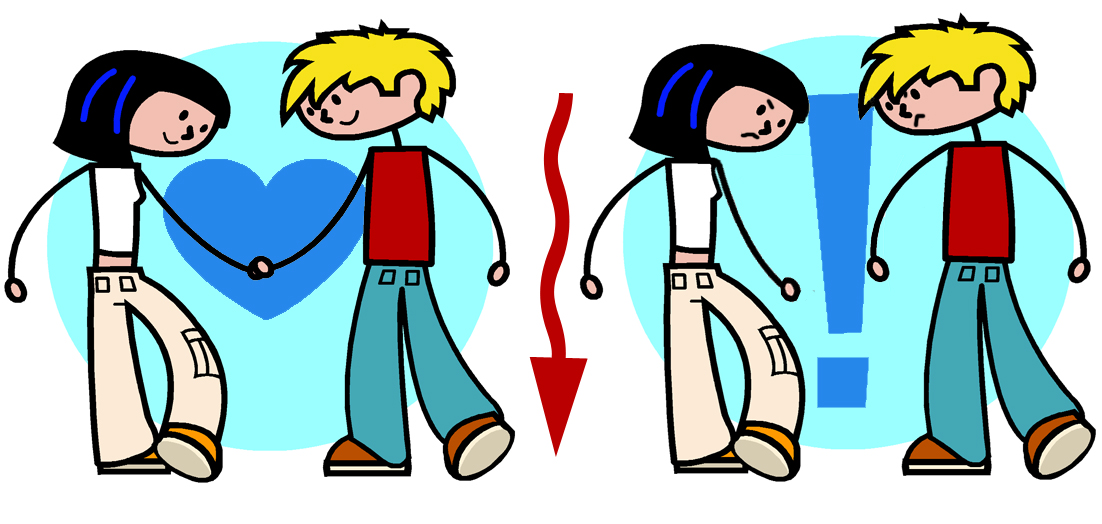 A cartoon couple holding hands with a heart, then turning away with an exclamation mark indicating relationship conflict or breakup.