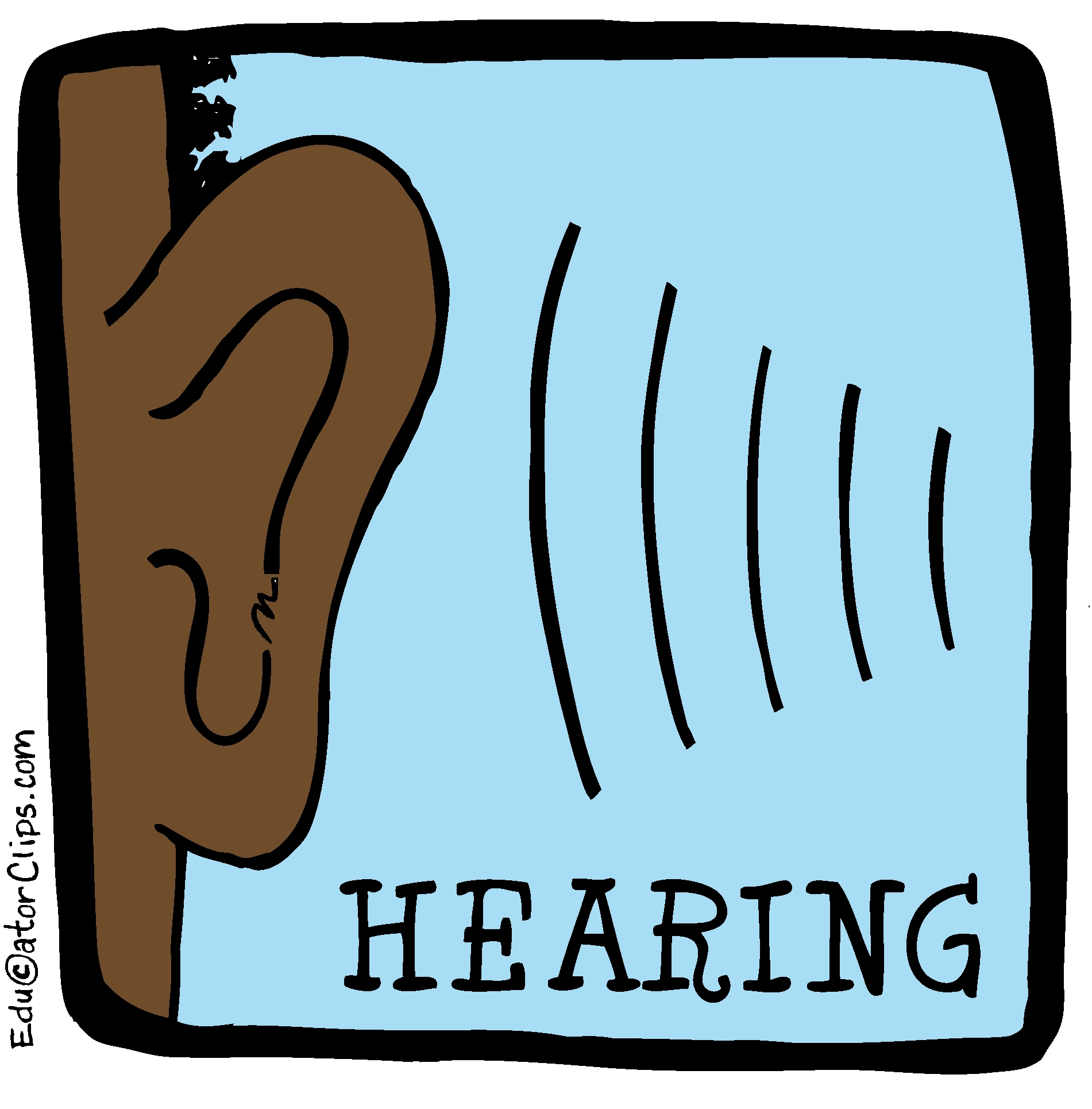 Illustration of a human ear with sound waves and the word "HEARING" below.