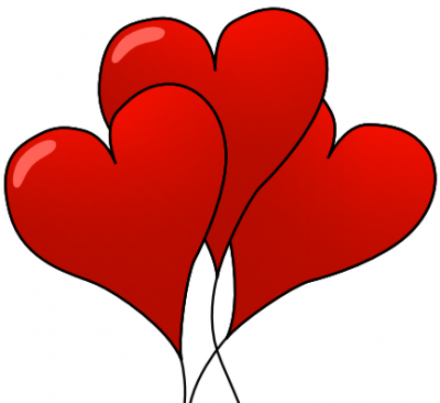Four glossy red heart-shaped balloons tied together with white strings on a white background.