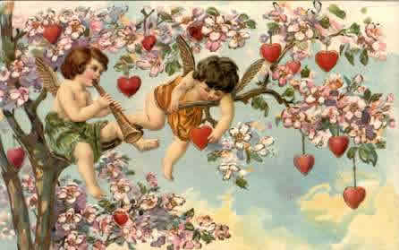 Two cherubic cupids among blossoming branches with hearts and flowers; one plays a horn, the other holds a heart.