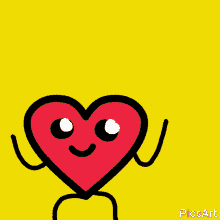Smiling red heart character with arms raised, on bright yellow background, cartoon style.