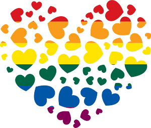 A large heart composed of many smaller hearts in rainbow pride flag colors on a green background.
