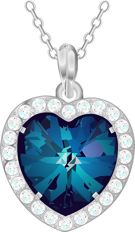 Heart-shaped pendant with a large blue crystal center, surrounded by clear crystals on a silver chain.