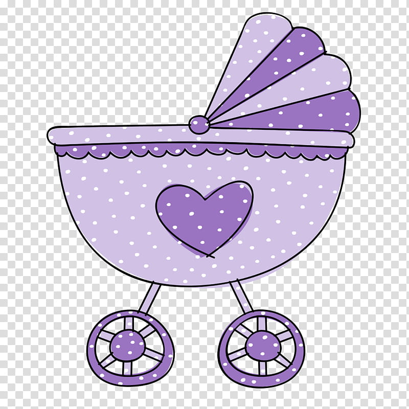 Purple polka-dotted baby carriage with heart motif and scalloped canopy, cartoon-style illustration on transparent background.
