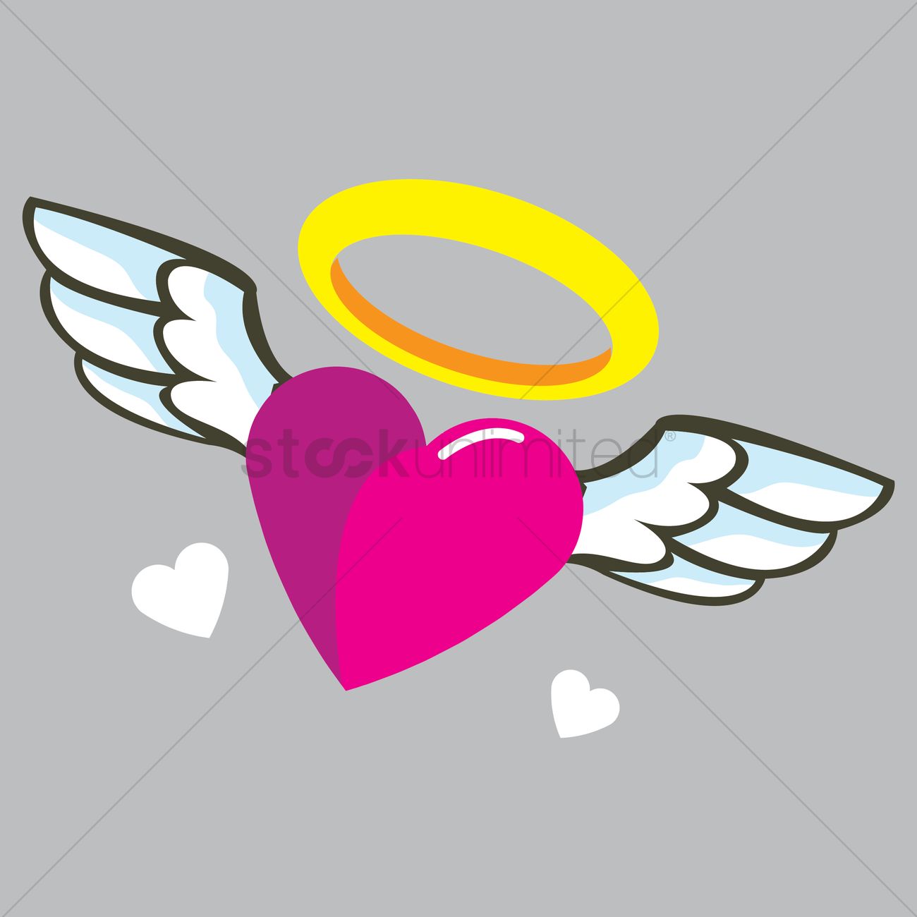 Pink heart with angel wings and golden halo, surrounded by small white hearts on gray background.