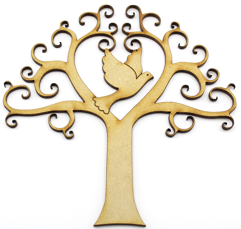Wooden ornamental tree with swirling branches and a dove cutout at center, symbolizing peace and growth.