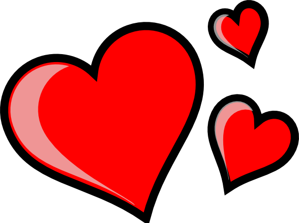 Three red hearts of varying sizes with black outlines and glossy highlights on a white background.