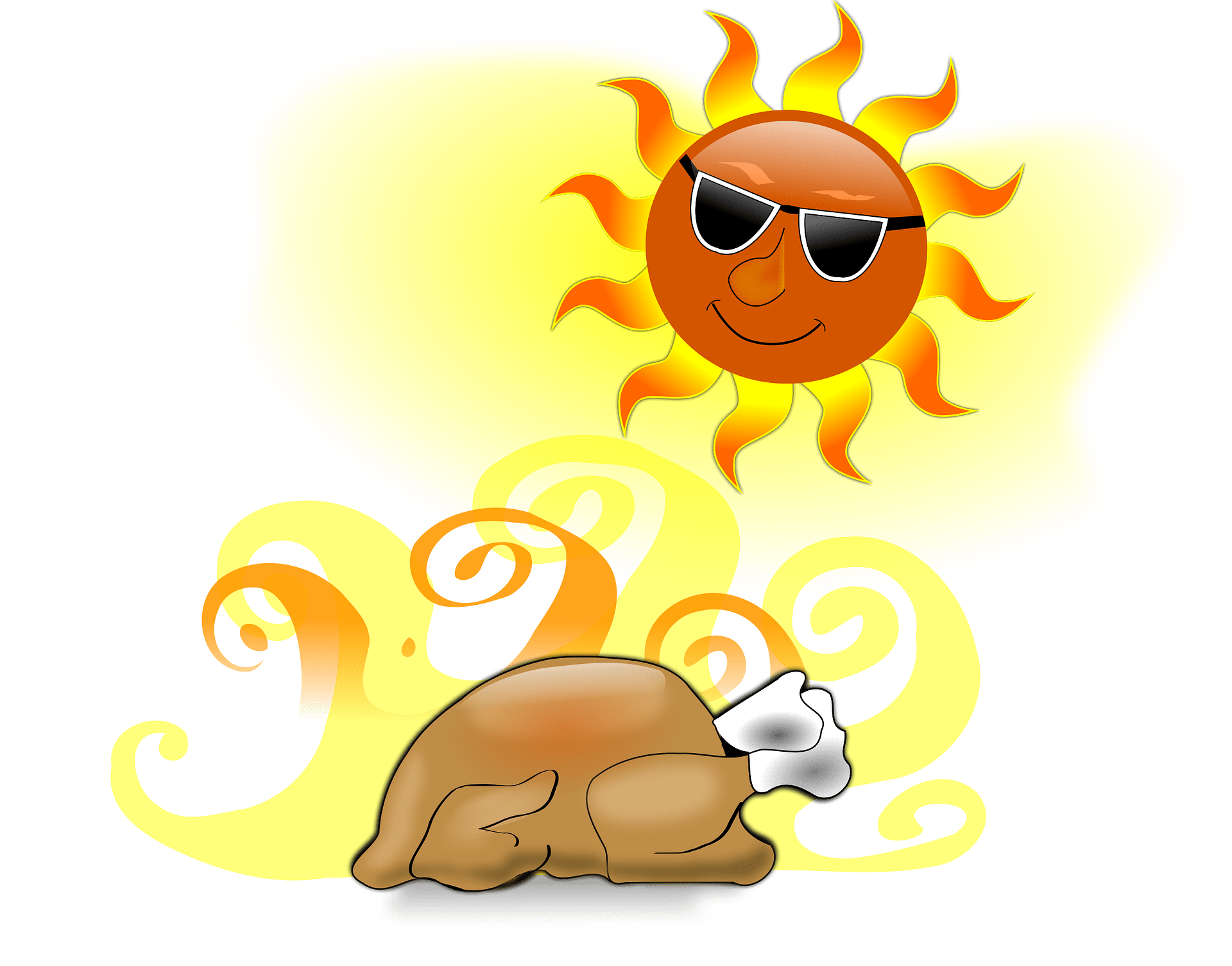 A cartoon sun wearing sunglasses grills a roasted turkey with swirling heat waves.