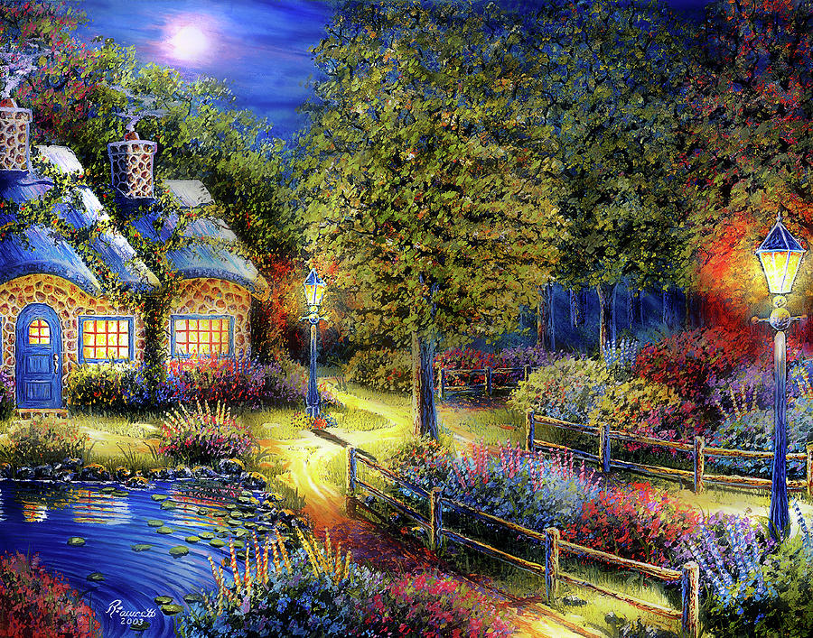 Enchanted Moonlit Cottage Garden - Serene Nighttime Landscape Art