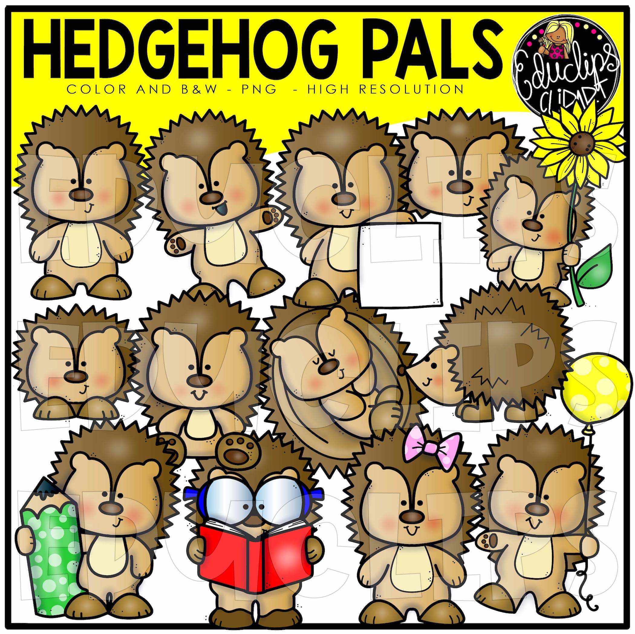 Cute cartoon hedgehog characters in various poses-reading, holding flowers, balloons, and signs-in color and black-and-white PNGs.