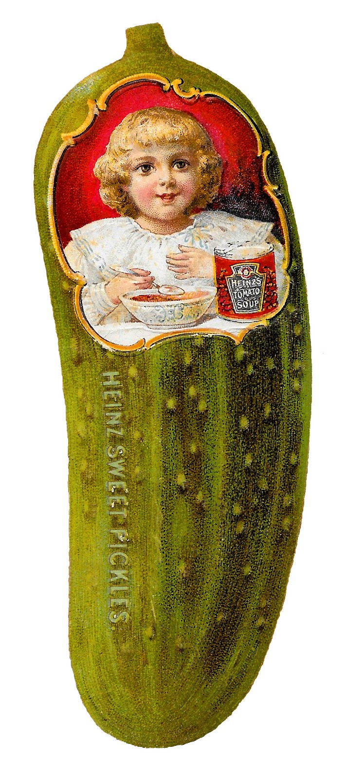 Vintage Heinz Sweet Pickles label shaped like a pickle, featuring a child eating tomato soup with a can beside her.