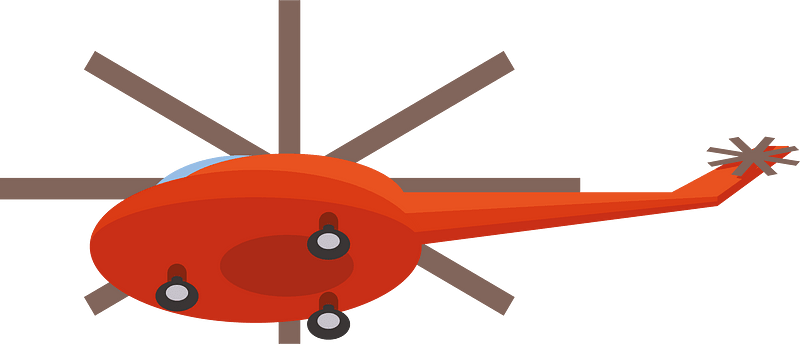 Bright orange cartoon-style helicopter with brown rotor blades and landing skids on green background.