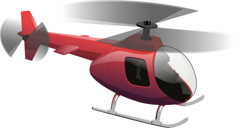Red single-engine helicopter with transparent cockpit, gray rotor blades, and skid landing gear on black background.