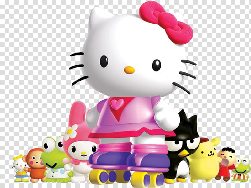 Hello Kitty in pink dress and roller skates, surrounded by Sanrio friends including My Melody, Kuromi, and Keroppi.