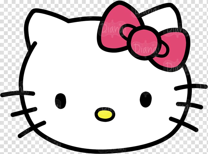 Hello Kitty face with pink bow, black whiskers, yellow nose, and simple white design on transparent background.