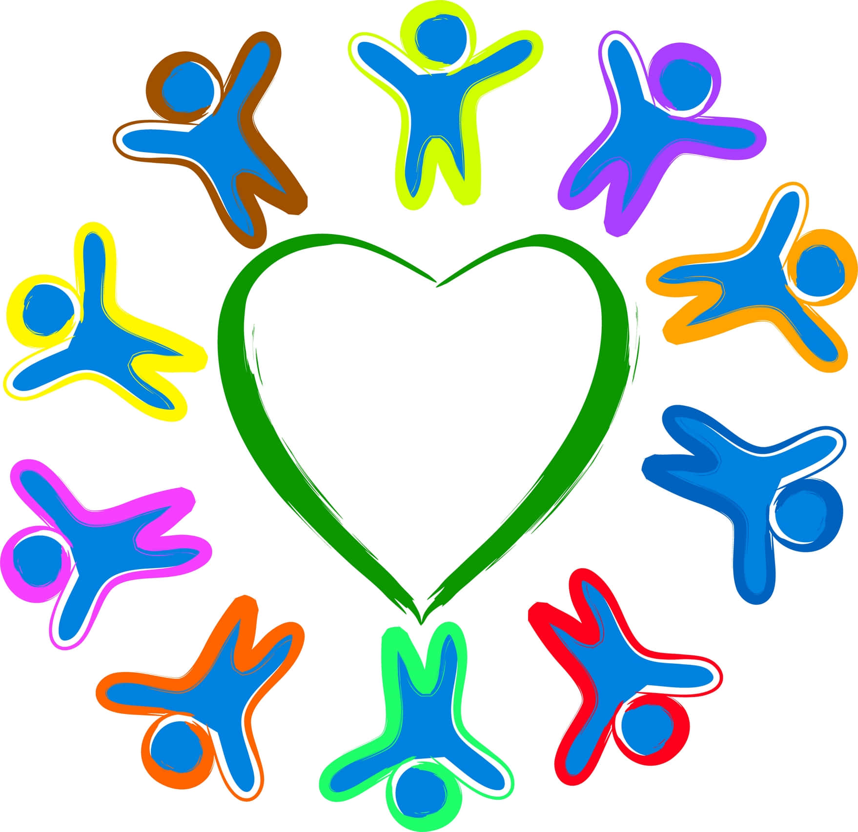 Colorful stick figures surrounding a green heart, symbolizing unity, diversity, and community love.