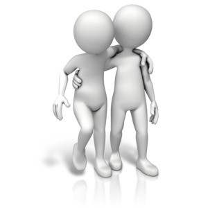 Two white 3D figures walking side by side, one with arm around the other’s shoulder, symbolizing friendship or support.