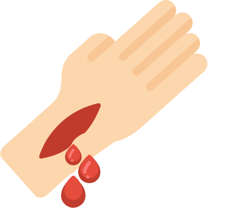 Illustrated hand with a forearm cut and dripping blood, symbolizing injury or first aid.