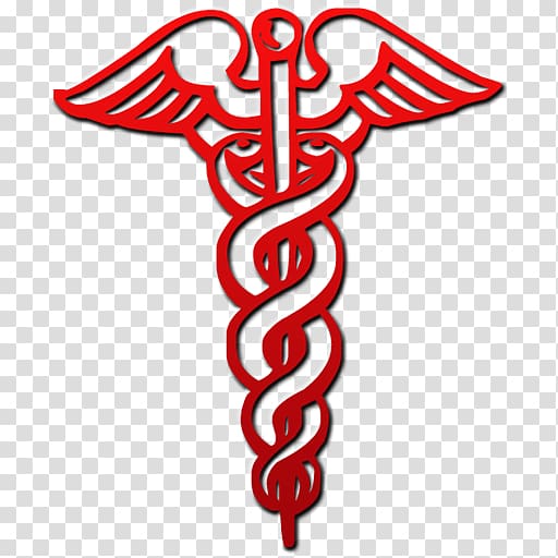 Red caduceus symbol with two snakes entwined around a winged staff, representing medicine and healthcare.