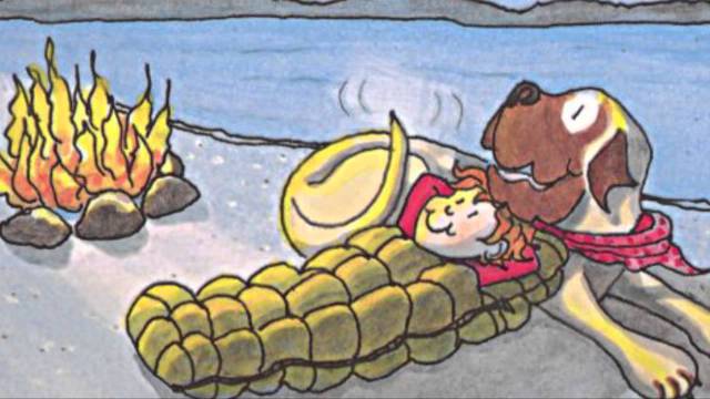 A child and a dog rest together by a campfire on the beach, wrapped in a sleeping bag under a starry sky.