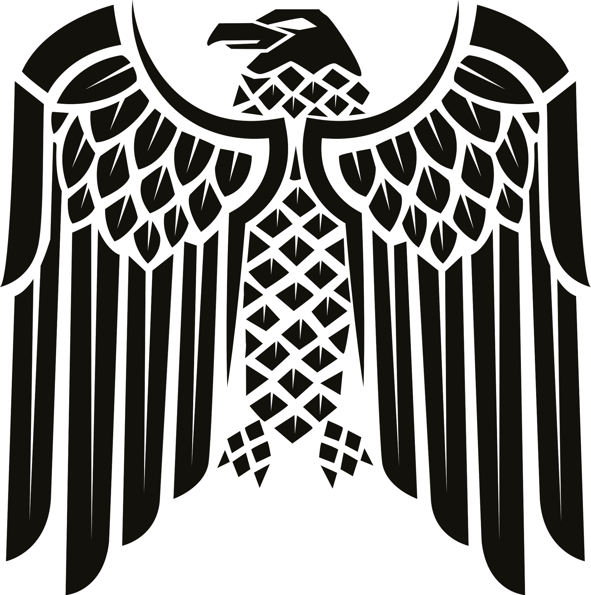 Stylized black eagle with geometric feather patterns on teal background, symbolic heraldic design.
