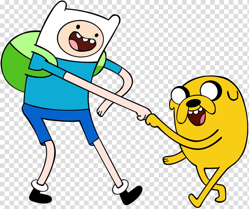 Finn the Human and Jake the Dog from Adventure Time joyfully holding hands and running together.