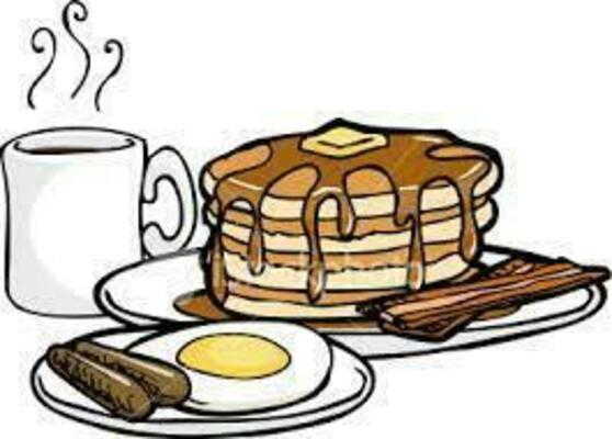 Steaming coffee, stack of pancakes with syrup and butter, sunny-side-up egg, sausage links, and bacon on a breakfast plate.
