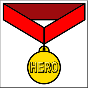 Gold "HERO" medal on red ribbon, symbolizing valor and recognition.