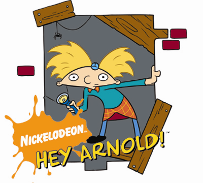 Arnold from Hey Arnold! peeking through a broken wall with a flashlight, Nickelodeon logo splash below.