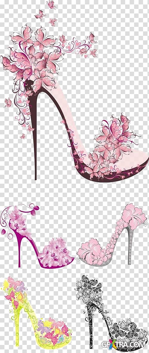 Five ornate floral high-heeled shoes in pink, purple, yellow, and black with butterflies and blossoms on transparent background.
